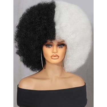 Imagem de GKtineke Peruca Afro De 14 Polegadas Para Mulheres Negras, Anos 70, Cacheada, Crespa, Elástica, Enorme, Fofa, Cabelo Sintético, Cosplay Diário E Festa (Preto Branco)