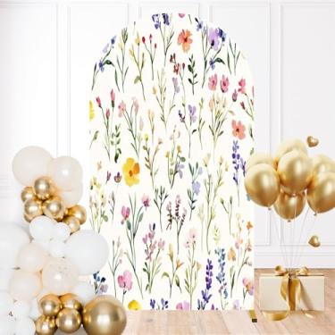Imagem de Capa de fundo de arco de casamento de 2,5 m em aquarela padrão de flores silvestres prado flores ervas sem costura elastano ajustável topo redondo capa para decoração de festa de aniversário