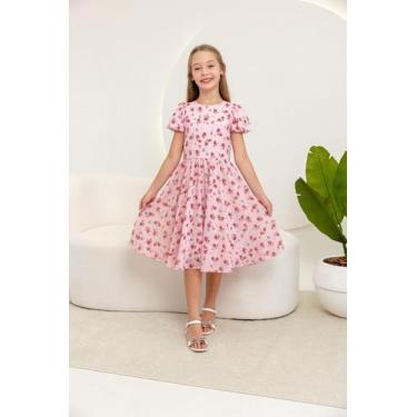 Imagem de Vestido Infantil Feminino Juvenil E Delicado Floral Com Manga Bufante 
