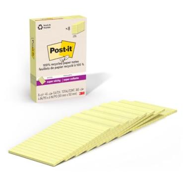 Imagem de Post-it Notas super adesivas 100% de papel reciclado, amarelo canário, forrado, 10 x 15 cm, 8 blocos de notas adesivas, 45 folhas por bloco, material escolar e produtos de escritório