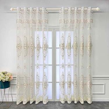 Imagem de Cortinas transparentes bordadas florais de luxo com saia anexada na parte superior, cortinas de voile de renda romântica europeia para sala de estar, quarto, ilhós, 2 painéis superiores (bege 02, L