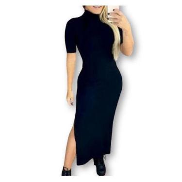 Imagem de Vestido feminino longo canelado gola alta manga curta - Filó Modas