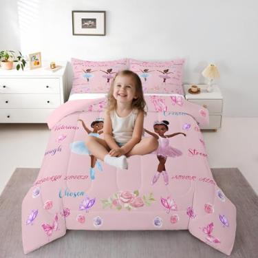 Imagem de Erosebridal Conjunto de edredom de princesa negra, solteiro, para bailarina, bailarina, flores mágicas, nó de borboleta, conjunto de edredom para decoração de quarto de crianças e meninas rosa (1