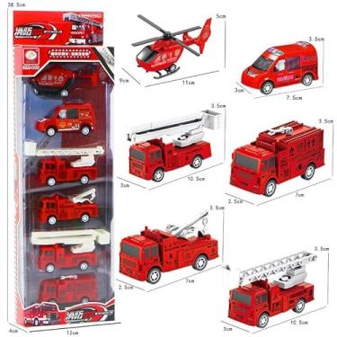 Imagem de Kit de Brinquedos de Bombeiro, 6 Peças, Veículos de Emergência em Miniatura com Helicóptero, Caminhões e Van, Vermelho
