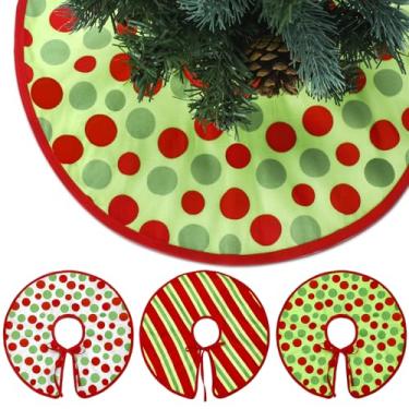 Imagem de Civaner Pacote com 3 mini saias de árvore de Natal de 38 cm com listras de veludo vermelhas e verdes com design de bolinhas vermelhas, verdes e brancas, para decoração de Natal, festas de Natal