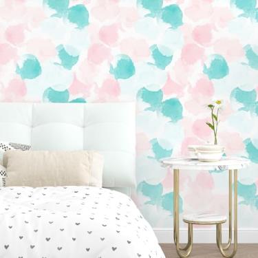 Imagem de Mangoloo Papel de parede geométrico abstrato boho descascar e colar papel de parede moderno aquarela bolinhas autoadesivo rosa/verde para armários bancadas prateleiras quarto banheiro 44,5 x 200,2 cm