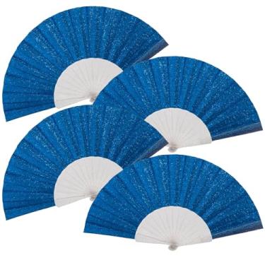 Imagem de Pacote com 4 leques de mão femininos com glitter e nervuras transparentes brilhantes – Ideal para casamento, igreja, festival, dança, festa de chá, clube e acessórios EDM, azul royal