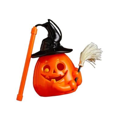 Imagem de IEUDNS Lanterna de abóbora de Halloween, luz amarela piscante para áreas internas e externas, abóbora iluminada, lâmpada portátil para de jardim, com Vassoura