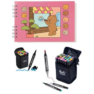 Imagem de Livro Colorir com Canetinhas Kit Livro De Pintura Rosa + 24 Canetas Ponta Dupla Marcadora Canetinhas para Colorir Capa Dura Holográfica com Acetato 50 desenhos A5