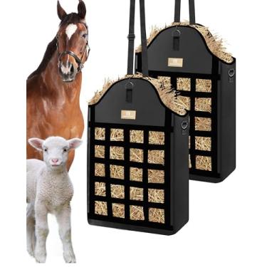 Imagem de Excoutsty Sacos de feno para cavalos, 3 pacotes de sacos de feno de alimentação lenta para cabras, ovelhas, burros, sacos de alimentação de feno Oxford reforçados 600D com design de redes de feno