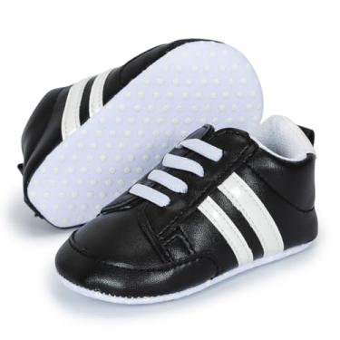 Imagem de KIDSUN Tênis infantil para bebês meninos meninas couro sola macia antiderrapante recém-nascido branco sapatos casuais First Walker Berço, A1 - preto, 12-18 Months Toddler