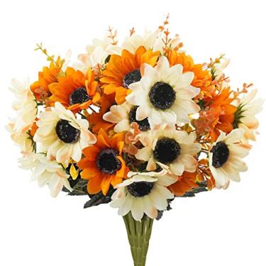 Imagem de Tepaler Margaridas artificiais 24 pacotes de flores de outono com 10 girassóis cabeça outono ao ar livre flores falsas para janela, jardim, varanda, centro de mesa, casamento, laranja