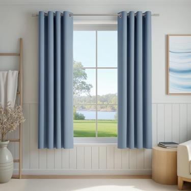 Imagem de FMFUNCTEX Cortinas blackout 100% para quarto, cortinas azuis ardósia 137 cm de comprimento cortinas texturizadas com isolamento térmico para sala de estar, cortinas pretas com ilhós, escurecimento de