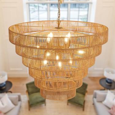 Imagem de YOMECOO Lustre de vime grande de 80 cm vintage fazenda 12 luzes boho lustres de bambu tecido à mão luminária rústica vime vime rattan lustre dourado para sala de jantar, cozinha, sala de estar, E12
