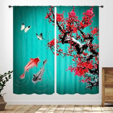 Imagem de Cortinas de peixe Koi, estilo asiático, tradicional japonesa, carpa, peixe, flores de cerejeira, estampadas, verde, retrô, paisagem, cortinas, tratamentos para quarto, sala de estar, 53 cm L x 114 cm