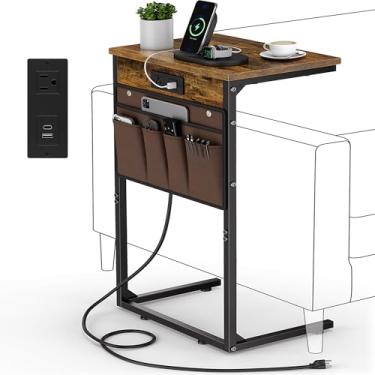 Imagem de Vagusicc Mesa de canto em forma de C com estação de carregamento, mesa lateral de 71 cm de altura para sofá, mesa de sofá pequena mesas de centro laterais, suporte de TV para sala de estar, quarto