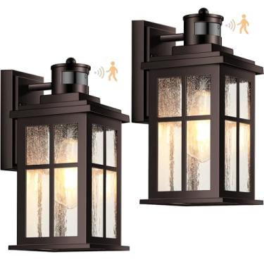 Imagem de VIANIS Luminária externa marrom com sensor de movimento, 2 pacotes de lanterna de arandela externa bronze polido a óleo, 100% alumínio, iluminação externa do crepúsculo ao amanhecer para casa, garagem