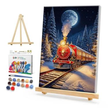 Imagem de HeeBenor Kit de pintura de Natal emoldurada por números para adultos iniciantes, pintura de trem por número com cavalete, kits de pintura de Natal para adultos DIY por números em tela emoldurada 20 x
