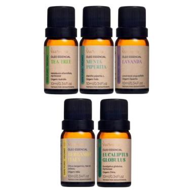 Imagem de Kit 5 Óleo Essencial Menta Piperita Bergamota Lavanda Melaleuca Eucali