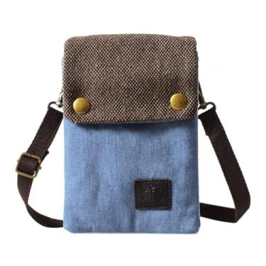 Imagem de WITERY Carteira pequena de lona para celular - Bolsa de celular fofa feita à mão com alça de ombro ajustável, Azul claro
