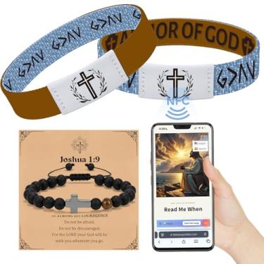 Imagem de Pulseira com cruz de presentes cristãos para homens - Pulseiras com versículo da Bíblia presentes religiosos Jesus para mulheres e homens, fé diária, pulseira NFC interativa, armadura de Deus