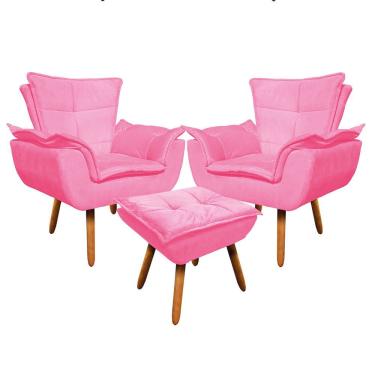 Imagem de Kit 02 Poltronas Opala Com 01 Puff Opala Suede Pés Palito Castanho DRossi Rosa Barbie