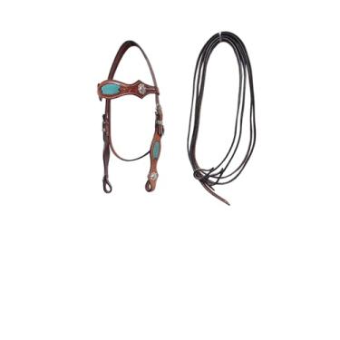 Imagem de LEATHERRIDE Cavalo Headstall, Headstall Western Browband e Rédeas Combo, Natural, Antiguidade, Ferramentaria, Quick Bit Change Headstall e Rédeas de Tamanho Livre para Cavalos (Marrom e Azul)