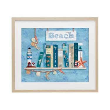 Imagem de Stupell Industries Beachy Book Shelf Panel Impressão emoldurada de bétula sob vidro, design de Emma Leach, 43 x 53 cm