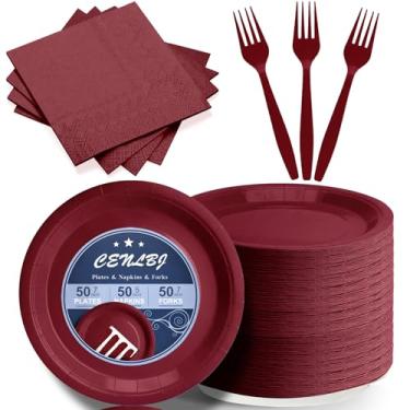 Imagem de CENLBJ Os pratos e guardanapos de papel Burgndy incluem pratos de sobremesa de papel de 18 cm, guardanapos, garfos de plástico, suprimentos de festa descartáveis para aniversário, festa de casamento
