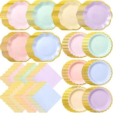 Imagem de Skybooly Conjunto de pratos e guardanapos de papel arco-íris pastel para 48 convidados, 144 peças, pratos de festa, guardanapos, descartáveis, arco-íris, decoração para chá de bebê, casamento