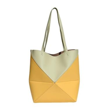 Imagem de Bolsa feminina de couro legítimo, bolsa de trabalho geométrica dobrável, bolsas de grande capacidade para viagens, Amarelo + verde, One Size