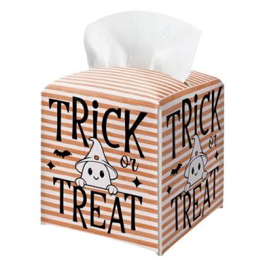 Imagem de Porta-caixa de lenços de Halloween para doces ou travessuras, capa quadrada de caixa de lenços de couro listrada rosa, organizador de papel facial, organizador de papel higiênico para banheiro