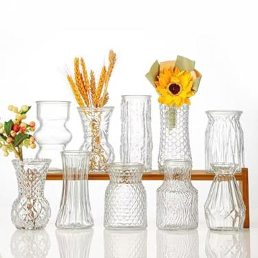Imagem de Conjunto de 10 vasos de botão de vidro: vasos transparentes EylKoi para centros de mesa decorativos, vintage em relevo em cristal texturizado fofo, decoração de casamento mini vaso floral para