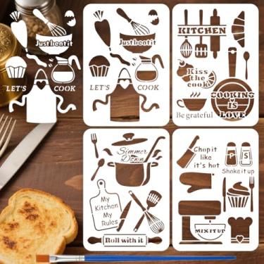 Imagem de FINGERINSPIRE 4 peças de estêncil de cozinha, 21 x 29 cm, citações de cozinha, estêncil, 4 estilos, avental, torneira, batedor, modelos de desenho com um pincel para decoração de casa, café