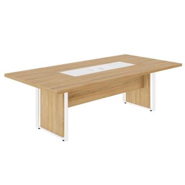 Imagem de Mesa Reunião 240cm Escritório para 4 Pessoas com Caixa de Tomadas Corporate Macadâmia / Branco