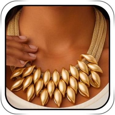 Imagem de Wosois Conjunto de colar de declaração Barode, design de folha de ouro com corrente de malha, brincos de gota combinando, one size, Acrílico, Sem Pedra Preciosa