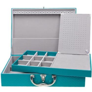Imagem de Porta Joias Grande Em Maleta Dupla - Organizador Com VáRias Bandejas Para Bijuterias, Ideal Para Viagem - Caixa Grande Para Guardar Toda Sua ColeçãO(Verde c/Cinza)