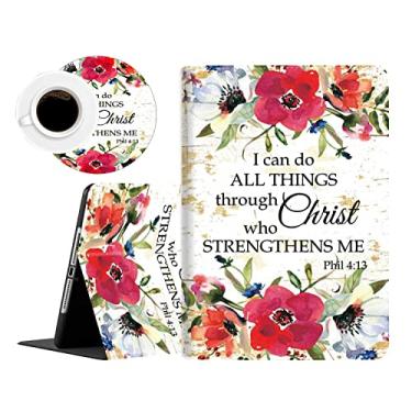 Imagem de Capa para iPad 9ª/8ª/7ª geração (2021/2020/2019) 10,2 polegadas/iPad Air 10,5 polegadas 2019, conjunto de capa protetora e porta-copos Philippians 4-13 citações cristãs bíblia flores vermelhas
