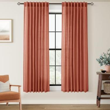 Imagem de Cortinas de terracota de linho de 160 cm, 2 painéis para sala de estar, filtro de luz, semitransparente, enferrujado, tecido de algodão macio, macio, texturizado, rústico, boêmio, decoração de quarto