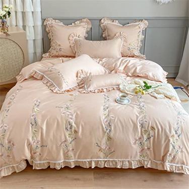 Imagem de Estilo pastoral algodão de fibra longa bordado floral quatro peças estilo princesa folha de lótus renda algodão capa de edredom roupa de cama (cor: B, tamanho: 2m) (B 2m)