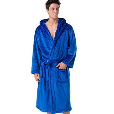 Imagem de ifgswopq Roupão de flanela engrossado de inverno masculino moda pijama com capuz (azul real médio)