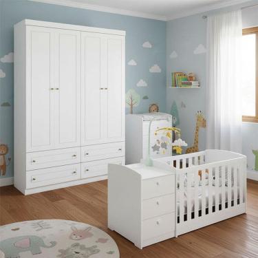 Imagem de Berço Multifuncional Atlanta e Guarda Roupa 4 Portas Americano Ambiente Branco Fosco Henn - Reller