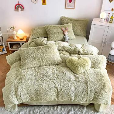 Imagem de Conjunto de capa de edredom felpudo de pele sintética, conjunto de cama ultra macio, conjunto de capa de edredom com 4 peças de capa de edredom espessa e mantém quente - verde claro Queen 200 x 230 cm