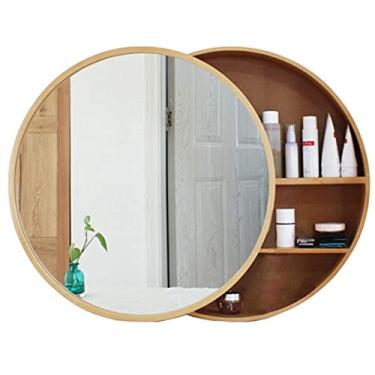Imagem de Armários espelhados para banheiro, armário deslizante redondo, armário de armazenamento montado na parede com 3 prateleiras de armazenamento, armário de remédios montado na parede de 500 mm, madeira