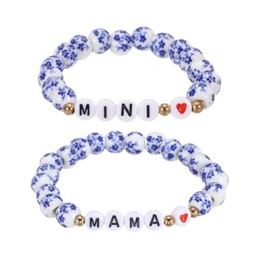 Imagem de PATIKIL Conjunto de pulseiras de contas mãe e filha, 2 peças MAMA e MINI com elos de coração combinando pulseira de porcelana azul e branca feita à mão com cordão elástico com bolsa para presente de