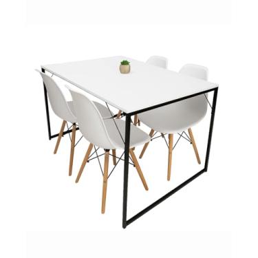 Imagem de Mesa de Jantar Industrial 120x80cm com Tampo Branco e 4 Cadeiras Eames, Base em Madeira (Cadeiras Brancas)