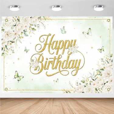 Imagem de Avezano Banner floral de feliz aniversário para mulheres meninas branco floral decoração de festa de feliz aniversário pano de fundo primavera borboleta flor suprimentos de festa de dia B (2,1 x 1,5 m