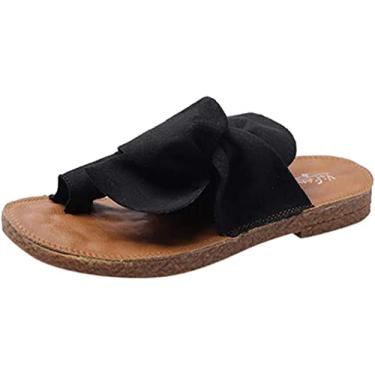 Imagem de Chinelos casuais anel plano feminino dedo do pé sandálias laço, 2, preto, 7.5