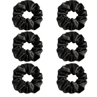 Imagem de 6 peças de laços de cabelo macios de seda de cetim preto, faixas modernas, laços, cordas, pulseiras elásticas, suportes de rabo de cavalo, acessórios de cabelo para mulheres e meninas