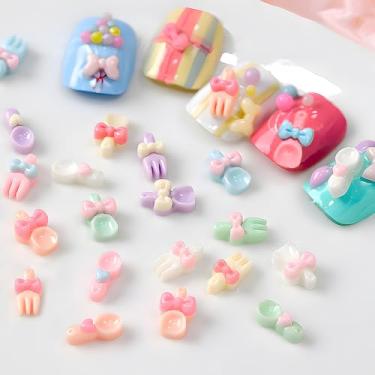 Imagem de 150 peças coloridas resina arco garfo colher shove talheres unhas amuletos em massa bonito mini empurrões garfos colheres pingentes para unhas design 3D laço desenho 3D louça charme unhas suprimentos